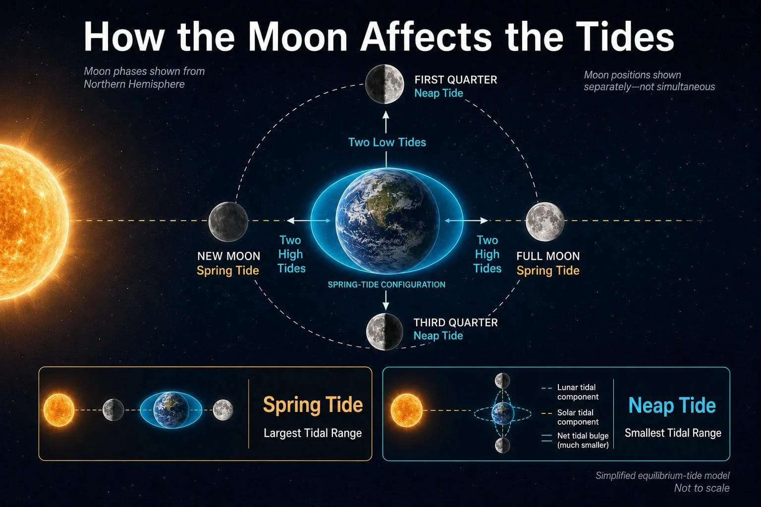 Gradient graphic representing full moon spring tides and quarter moon neap tides