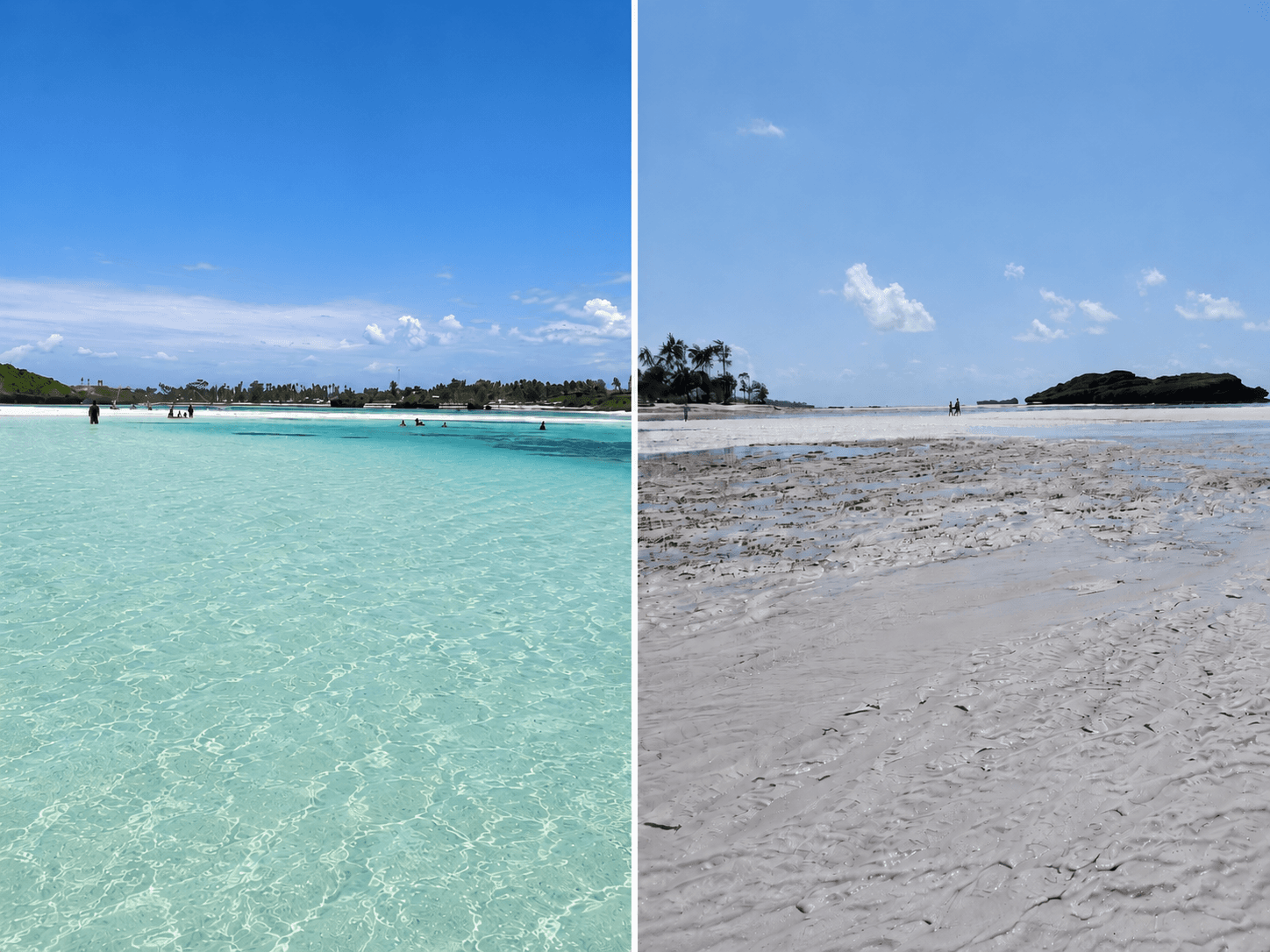 Turquoise shallows and exposed sandbank at low tide in Watamu, Kenya