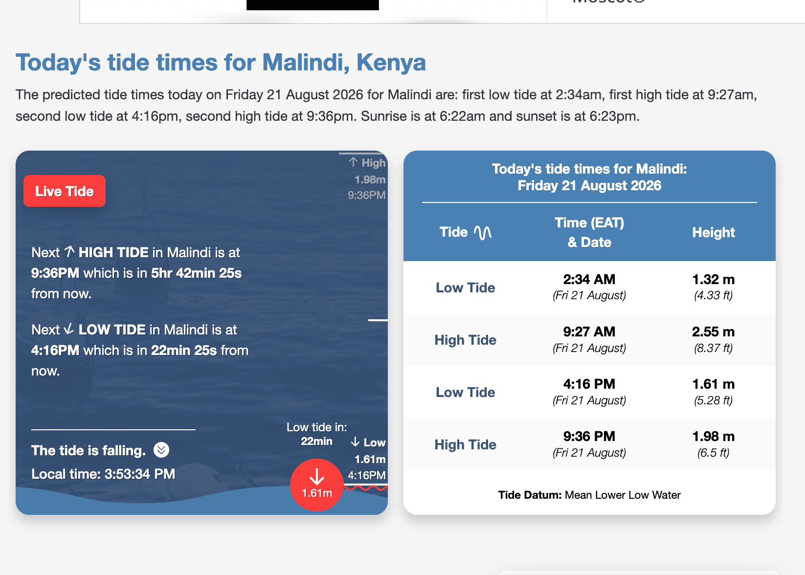 Tide chart and turquoise Kenyan coastline at low water
