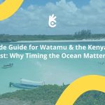 A view of Watamu Beach, Kenya, showing turquoise waters, a small boat, and swimmers — illustrating tide changes along the Kenyan coast.