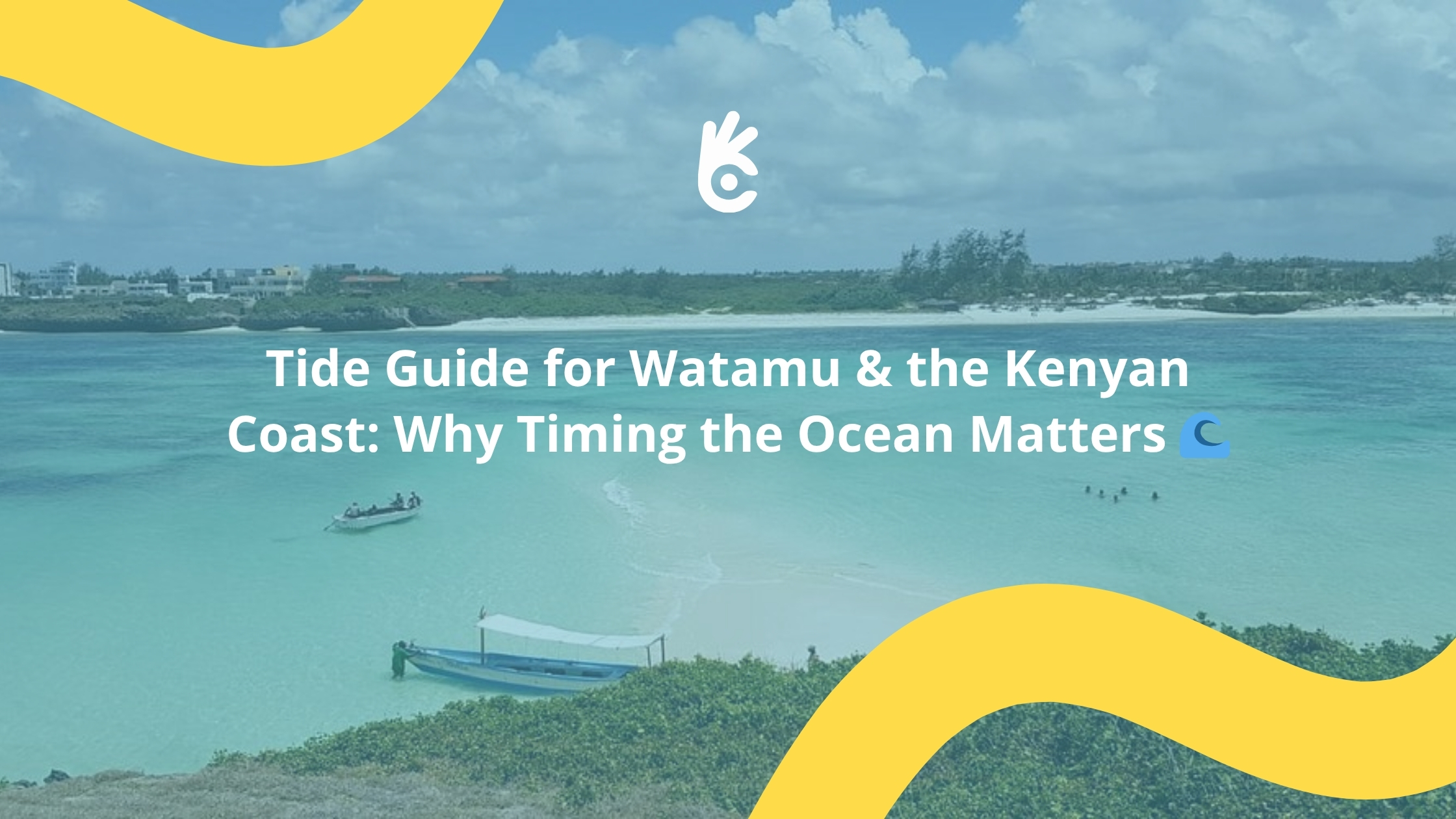 A view of Watamu Beach, Kenya, showing turquoise waters, a small boat, and swimmers — illustrating tide changes along the Kenyan coast.